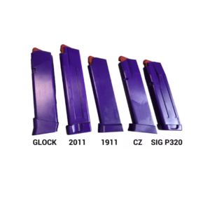 Training magazine replicas for Glock, 2011, 1911, CZ, and SIG P320 pistols in purple with orange follower on a white background.