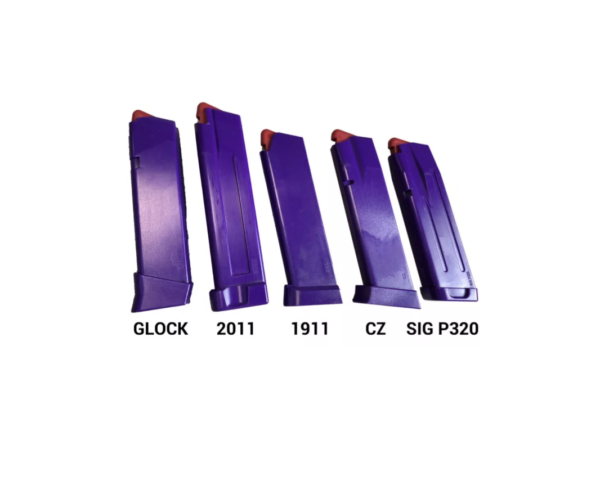 Training magazine replicas for Glock, 2011, 1911, CZ, and SIG P320 pistols in purple with orange follower on a white background.