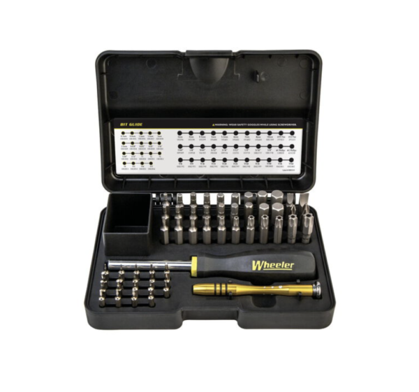 A 55-piece Wheeler repair kit displayed in an open black case, showing various screwdriver bits and a yellow-handled tool.