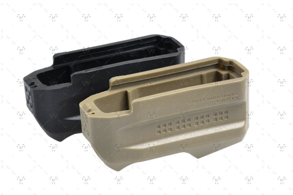 Two MAGPUL magazine extenders, one in black and one in tan color, shown on a white background.