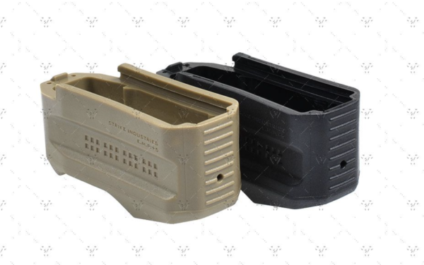 Two MAGPUL magazine extensions, one in tan and one in black, suitable for adding 5 extra rounds displayed side by side.