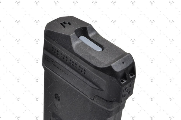 Close-up view of a black magazine extension for MAGPUL, adding +5 rounds capacity, displayed on a product page.