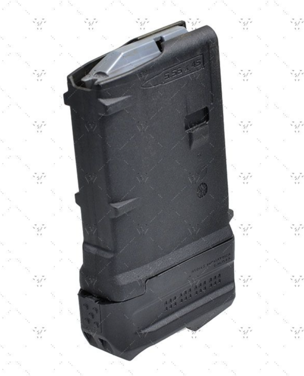 Black MAGPUL magazine extender with +5 round capacity attached to a standard .556x45 polymer magazine.