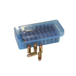 MTM кутия за 50 патрона 9mm, .380ACP, .38 с плъзгащ се капак – в син цвят
