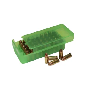 Пластмасова кутия MTM за 50 патрона 9mm, .380 ACP, .38 Special, .357 Magnum с плъзгащ се капак - зелена