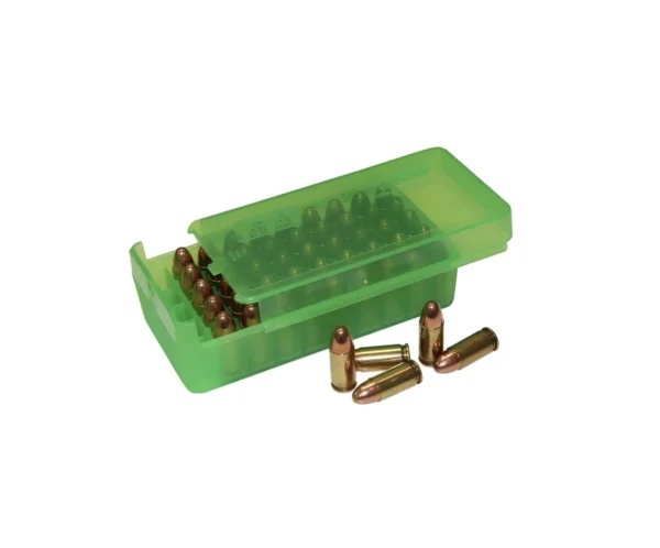 Пластмасова кутия MTM за 50 патрона 9mm, .380 ACP, .38 Special, .357 Magnum с плъзгащ се капак - зелена