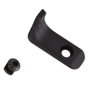 Two black plastic hardware pieces: a curved bracket with a hole and a small removable plug.